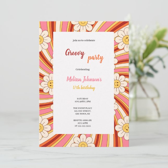 groovy red,orange,pink,yellow birthday with flower einladung (Stehend Vorderseite)