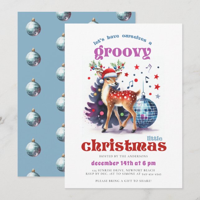Groovy Rentier Diskothek Ball Funny Christmas Part Einladung (Vorne/Hinten)