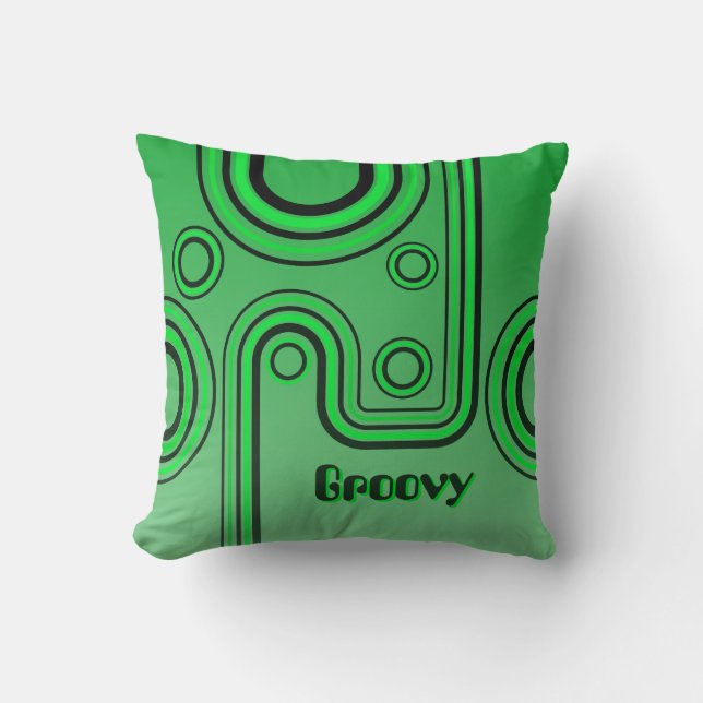 Groovy Retro 1960er Linear Design Grün und Schwarz Kissen (Vorderseite)