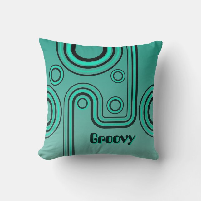 Groovy Retro 1960er Linear Design Türkis Schwarz Kissen (Vorderseite)