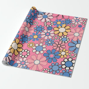 Groovy Retro 60er 70er Hübsch rosa Blumenmuster Geschenkpapier