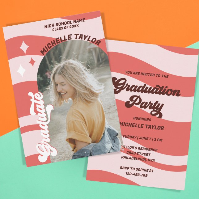 Groovy Retro 70er Abschluss Rosa Vintag Arch Einladung (modern retro groovy red pink arch photo)