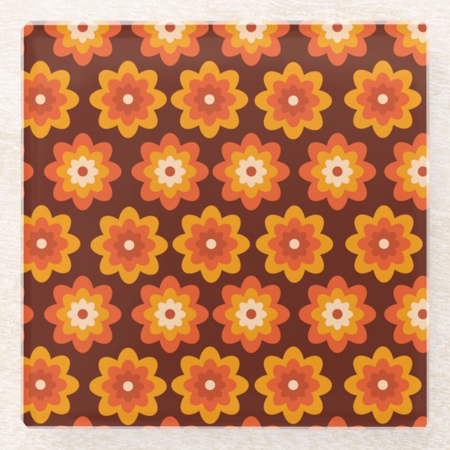 Groovy Retro 70er boho hippie Orange Blume Muster Glasuntersetzer (Vorderseite)