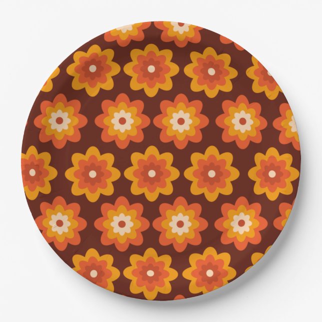 Groovy Retro 70er boho hippie Orange Blume Muster Pappteller (Vorderseite)