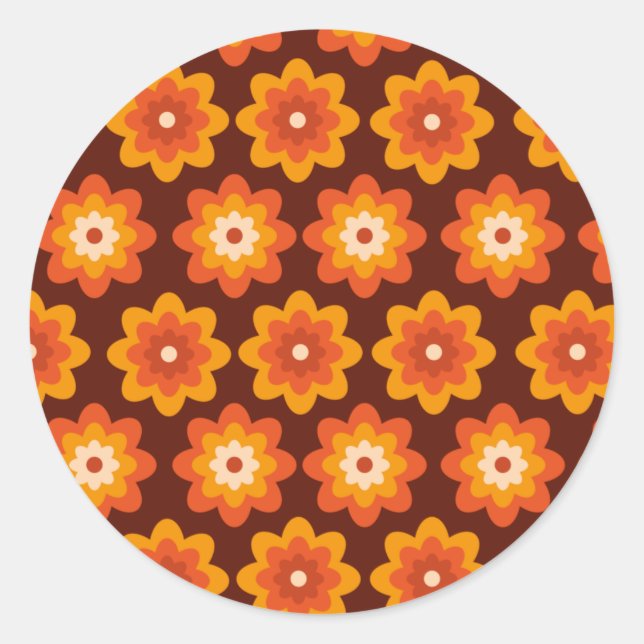 Groovy Retro-70er-Boho-Hippie-Orangen-Blumenmuster Runder Aufkleber (Vorderseite)