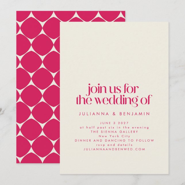 Groovy Retro 70er Design in Hot Pink Wedding Einladung (Vorne/Hinten)