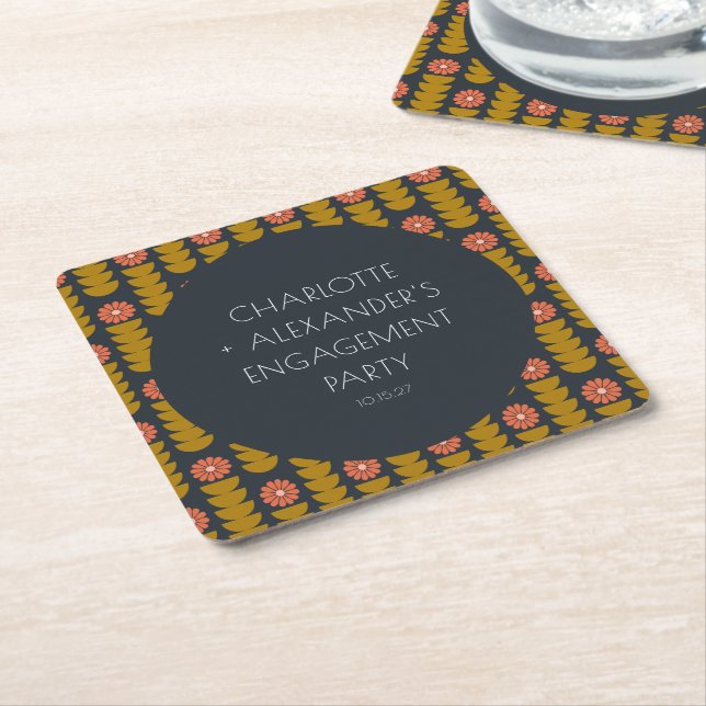 Groovy Retro 70er Floral Custom Engagement Party Rechteckiger Pappuntersetzer (angewinkelt)