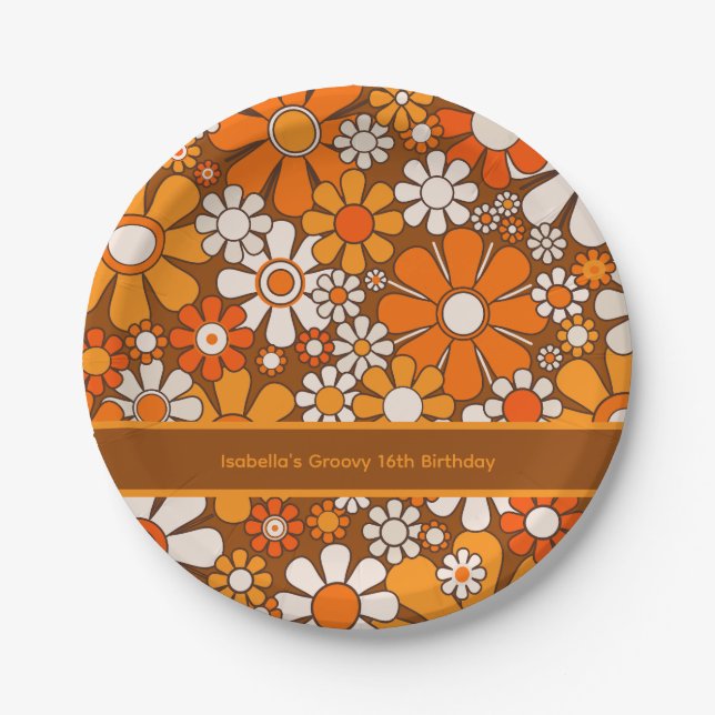 Groovy Retro 70er Floral Personalisiert Pappteller (Vorderseite)