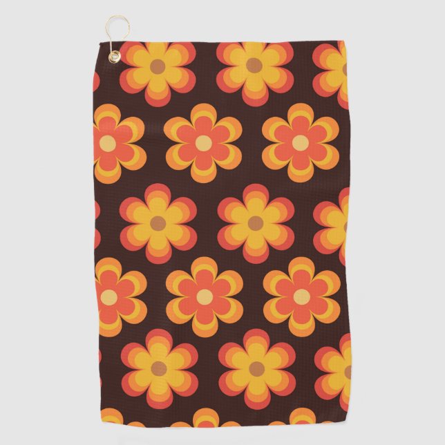 Groovy Retro 70er Orange und Gelbe Blumen Golfhandtuch (Vorderseite)
