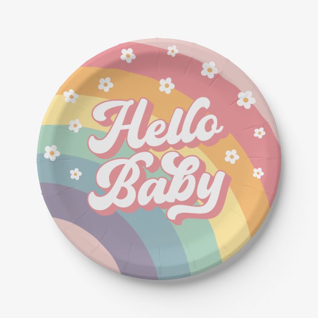 Groovy Retro 70er Rainbow Daisy Baby Shower Pappteller (Vorderseite)