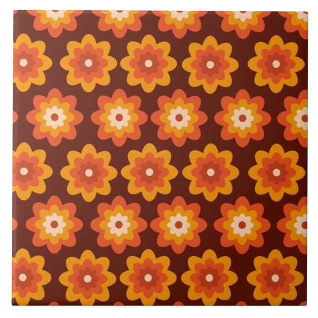 Groovy retro 70s boho hippie orange flower pattern fliese (Vorderseite)
