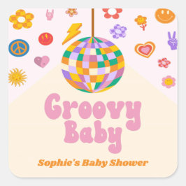 Groovy Retro 70's Disco Ball Baby Shower Gefallen Quadratischer Aufkleber