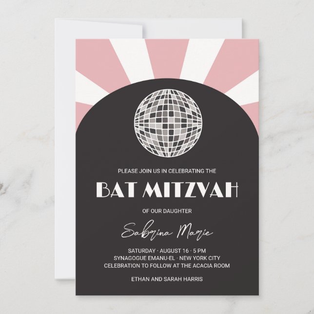 Groovy Retro Black Pink Disco Bat Mitzvah Einladung (Vorderseite)