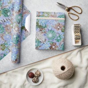 Groovy Retro Blue Protea und Daisy Muster Geschenkpapier