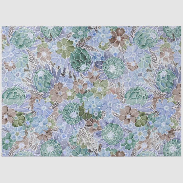 Groovy Retro Blue Protea und Daisy Pattern Wrappin Seidenpapier (Vorderseite)