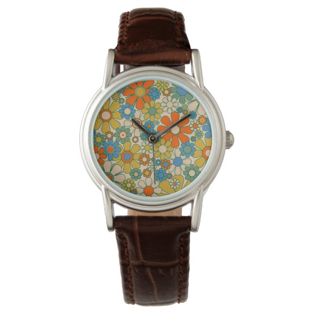 Groovy Retro Blume 60er 70er Floral Pattern Armbanduhr (Vorderseite)