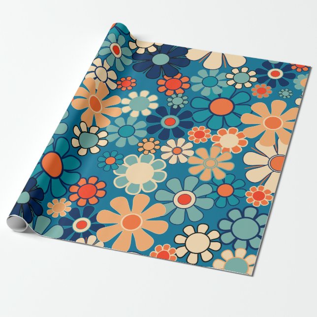 Groovy Retro Blume 60er 70er Floral Pattern Geschenkpapier (Ungerollt)