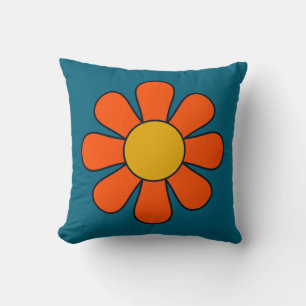 Groovy Retro-Blume Blau Orange 70er Jahre Floral Kissen