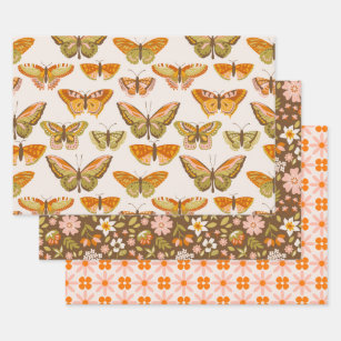Groovy Retro-Blume, Schmetterlinge und geometrisch Geschenkpapier Set