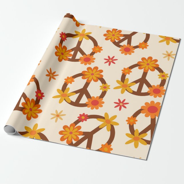 Groovy Retro Blume über Zeichen des Friedens und d Geschenkpapier (Ungerollt)