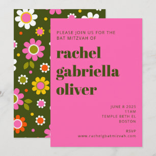 Groovy Retro Blumen Hellrosa Fette Bat Mitzvah Einladung