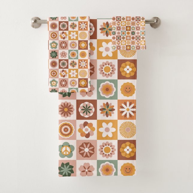 Groovy Retro-Blumenmuster Badhandtuch Set (Insitu)