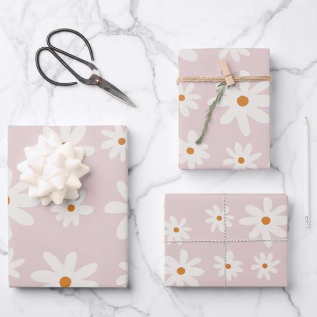 Groovy Retro Blush Pink Daisy Geschenkpapier Set (Vorderseite)