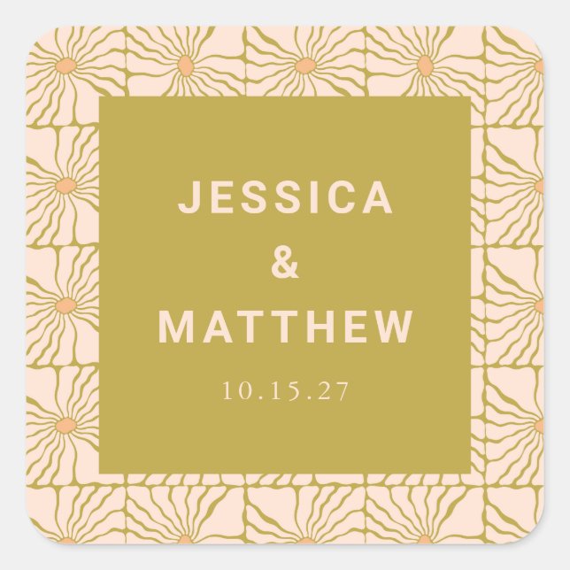 Groovy Retro Chartreuse Botanische Hochzeit Quadratischer Aufkleber (Vorderseite)