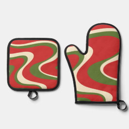 Groovy Retro Christmas Swirl Muster Ofenhandschuh & Topflappen-Set
