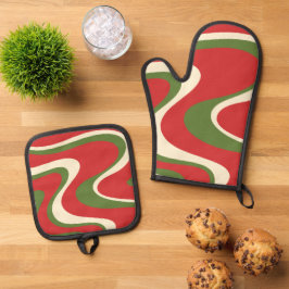 Groovy Retro Christmas Swirl Muster Ofenhandschuh & Topflappen-Set