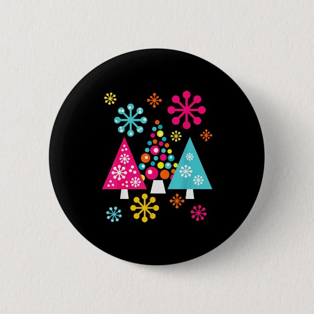 Groovy Retro Christmas Trees And Snowflakes  Button (Vorderseite)
