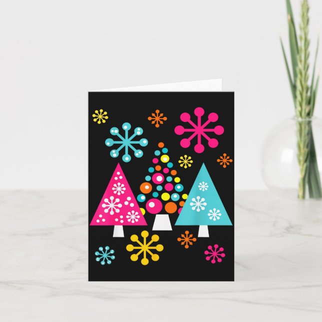 Groovy Retro Christmas Trees And Snowflakes  Karte (Vorderseite)