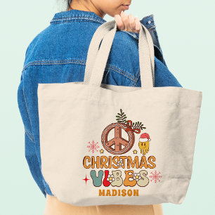 Groovy Retro Christmas Vibes Peace Name Jumbo Stoffbeutel
