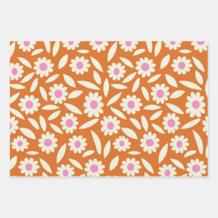 Groovy Retro Daisies Blumenmuster auf Orange Geschenkpapier Set
