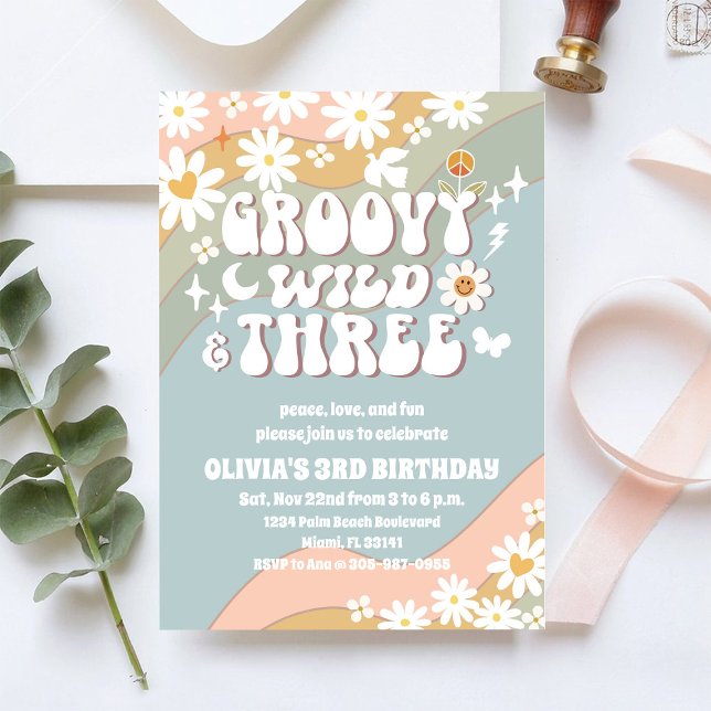 Groovy Retro Daisy 3rd Birthday Invitation (Créateur téléchargé)