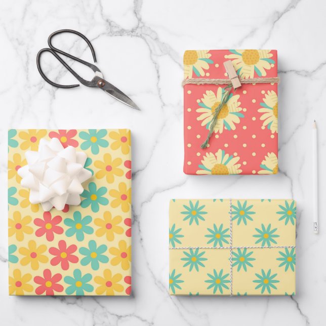 Groovy Retro Daisy in Gelbblau Geschenkpapier Set (Vorderseite)