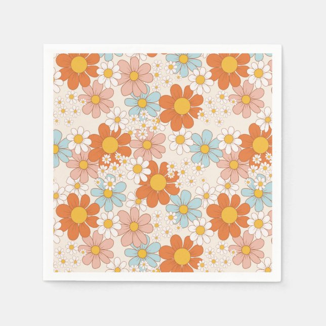 Groovy Retro Daisy Orange Blue Cream Serviette (Vorderseite)