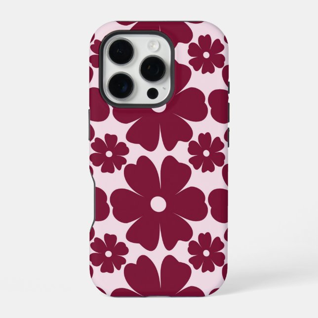 Groovy Retro Daisy Pattern Deep Berry Pink iPhone 16 Pro Hülle (Rückseite)