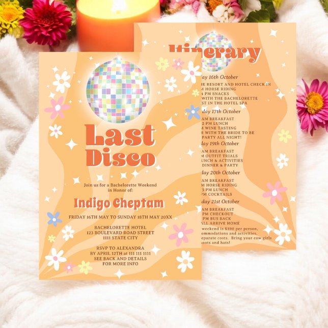 Groovy Retro Disco Bacheloretto Einladung (Groovy retro disco floral bachelorette weekend invitation)