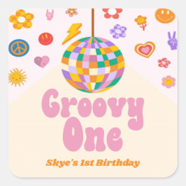 Groovy Retro Disco Ball 1. Geburtstag Gastgeschenk Quadratischer Aufkleber