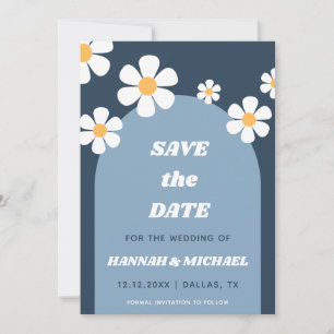 Groovy Retro Dusty Blue Boho Arch & Daisy Muster Save The Date