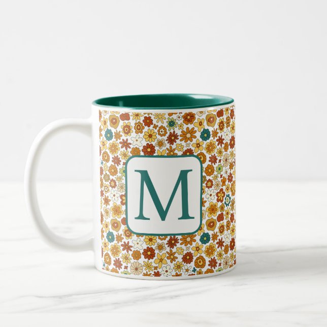 Groovy Retro Farbige Blume Muster Boho Floral Zweifarbige Tasse (Links)