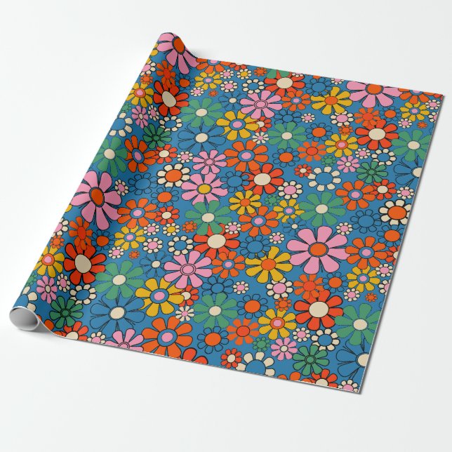Groovy Retro Farbiger 60er 70er Floral Pattern Geschenkpapier (Ungerollt)