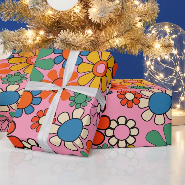 Groovy Retro Farbiger 60er 70er Floral Pattern Geschenkpapier (Feiertage)