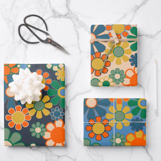 Groovy Retro Floral 60er 70er Ästhetische Muster Geschenkpapier Set (Vorderseite)