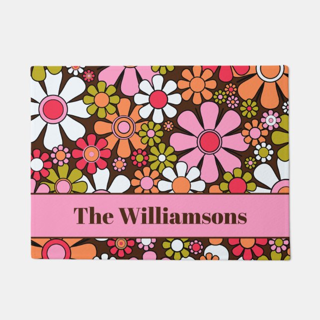 Groovy Retro Floral 60er 70er Blume Personalisiert Fußmatte (Vorderseite)