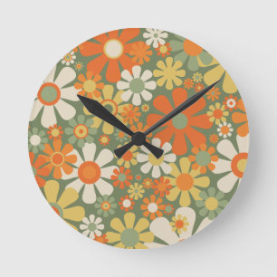 Groovy Retro Floral 60er 70er Blume Runde Wanduhr