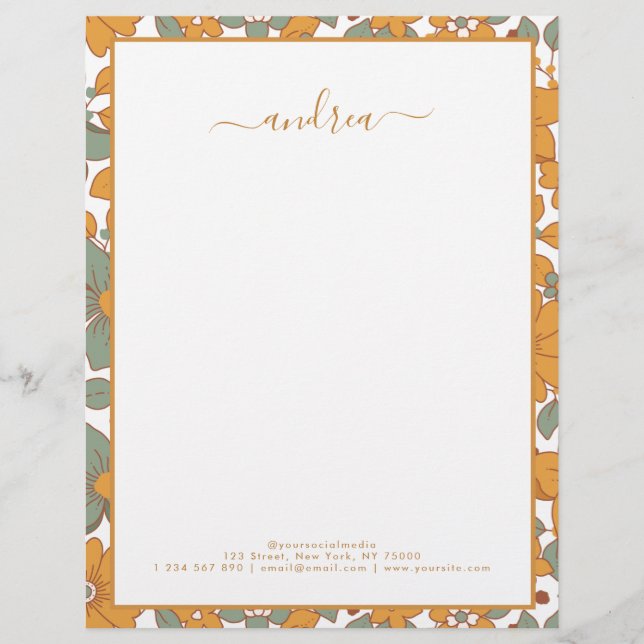 Groovy Retro Floral & Custom Business Name Hippie Briefbogen (Vorderseite)