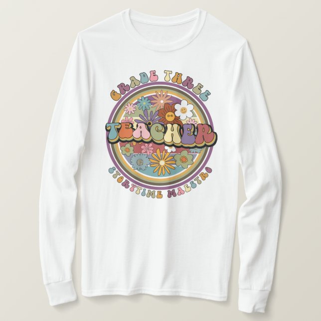 Groovy Retro Floral Daisy Grade Drei Lehrernamen T-Shirt (Design vorne)