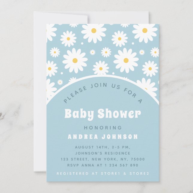 Groovy Retro Floral Dusty Blue Daisy Baby Dusche Einladung (Vorderseite)
